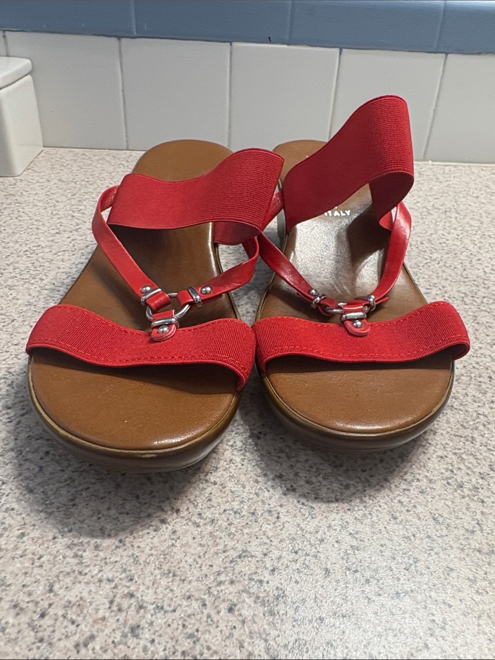 Italian Shoemakers Red and Brown Elastic Strap Slide Sandals - Picture 4 of 10